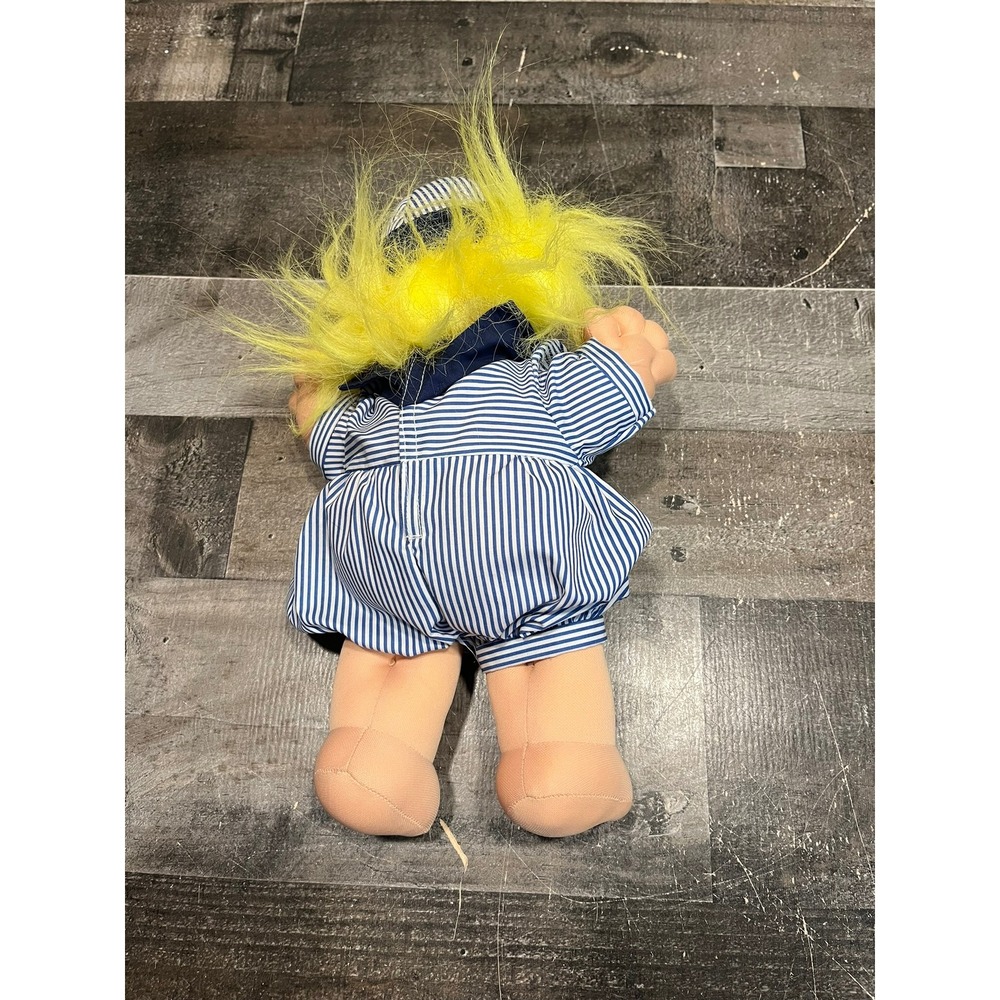 Vintage Large Plush Troll Doll Yellow Hair Sailor Outfit Blue White Striped 14in - Picture 3 of 7
